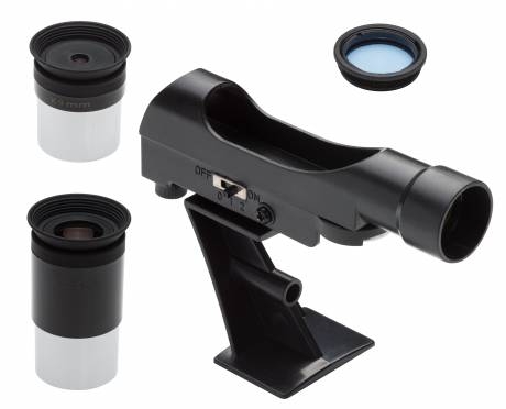 Das Zubehör des Bresser Messier 5 Zoll Reise Dobson: Ein LED Leuchtpunkt Sucher, ein 9mm und 25mm Kellner Okular.