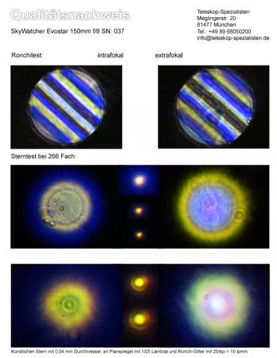 Qualittsnachweis mit Sterntest und Ronchi fr einen Skywatcher Evostar 150mm 1200mm f/8 Refraktor