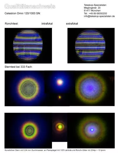 Qualittsnachweis mit Sterntest und Ronchi fr einen Celestron OMNI 120/1000mm Refraktor: