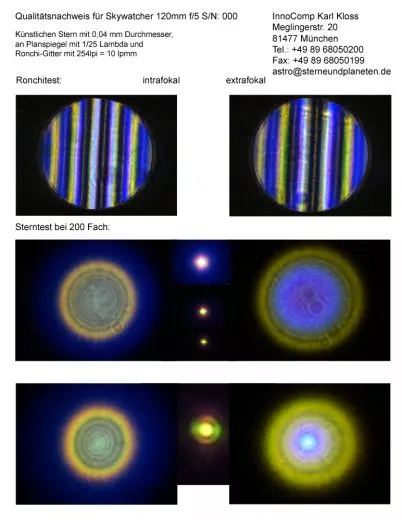 Qualittsnachweis mit Sterntest und Ronchi fr einen Skywatcher Black Diamond Line Grofeld Refraktor 120/600mm