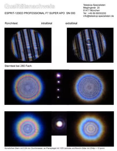 Qualittsnachweis mit Sterntest und Ronchi fr einen Skywatcher Esprit-120ED Triplet Super Apo 120mm f/7 - FPL53
