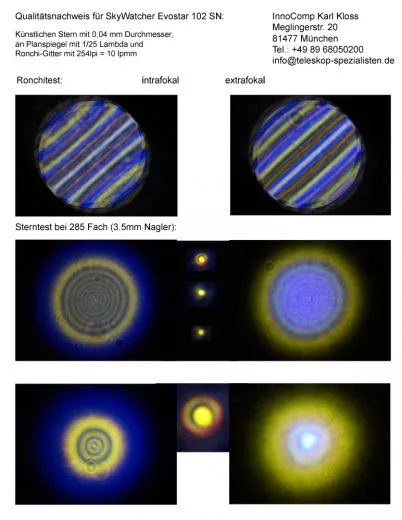 Ein Qualittsnachweis mit Sterntest und Ronchi fr einen Skywatcher Evostar 102 - Refraktor 102/1000mm