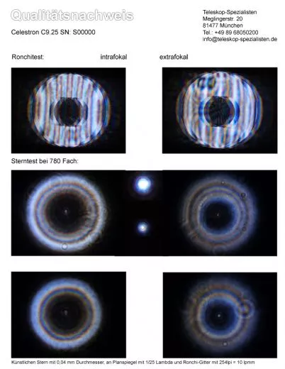 Qualittsnachweis mit Sterntest und Ronchi fr ein Celestron C9.25 Schmidt Cassegrain.
