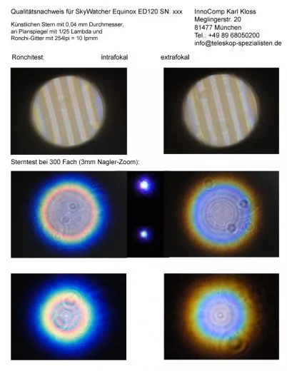 Qualittsnachweis mit Sterntest und Ronchi fr einen SkyWatcher Equinox ED-APO 120 120mm/900mm