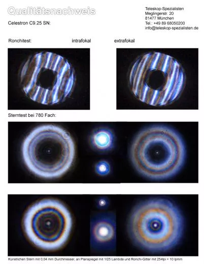 Qualittsnachweis mit Sterntest und Ronchi fr ein Celestron C9.25 Schmidt Cassegrain.
