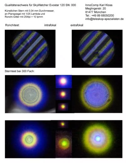 Qualittsnachweis mit Sterntest und Ronchi fr einen Skywatcher Evostar 120 - 120/1000mm Refraktor.