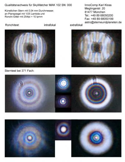 Qualittsnachweis mit Sterntest und Ronchi fr einen SkyWatcher Maksutov 102/1300mm