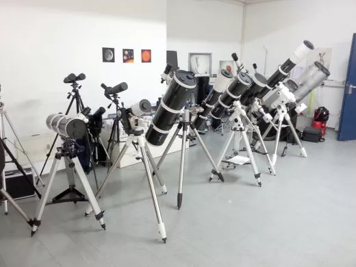Partial view of our astronomy exhibition with various telescopes on display.