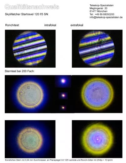Qualittsnachweis mit Sterntest und Ronchi fr einen Skywatcher Startravel-120 Grofeld Refraktor 120mm/600mm f/5