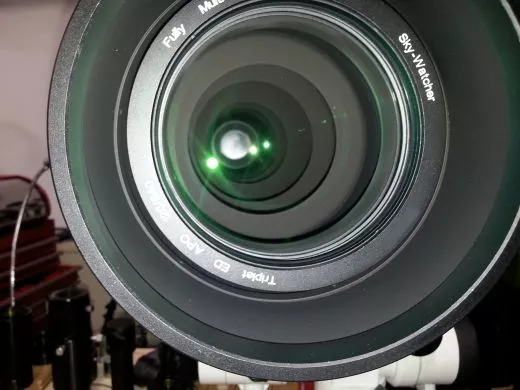 View of the lenses and internal aperture system of the SkyWatcher ESPRIT-120ED 120mm 840mm PROFESSIONAL F/7 SUPER APO TRIPLET