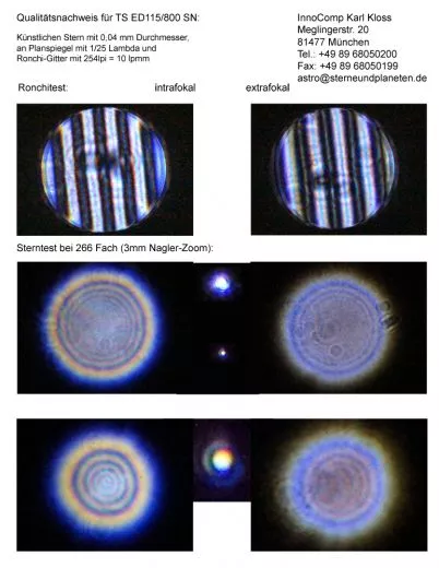 Sterntest und Ronchi fr einen TS PHOTOLINE 115/800mm Triplet APO mit 3 Crayford OAZ