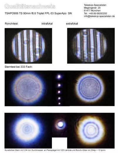 Ein Qualittsnachweis mit Sterntest und Ronchi fr einen TSAPO906 TS Photoline 90mm f6,6 Triplet FPL-53 SuperApo 2,5 CNC OAZ Tubuslnge verstellbar