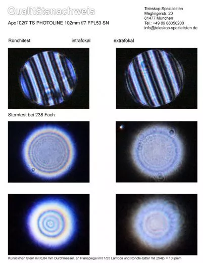 Ein Testbericht mit Sterntest und Ronchi fr einen Apo102f7 TS PHOTOLINE 102mm f/7 FPL53 Triplet APO - 2.5 Zahntrieb Auszug