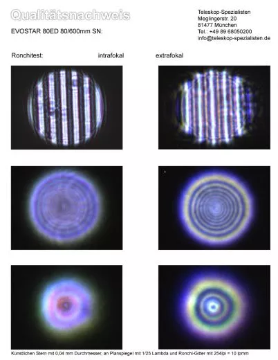 Qualittsnachweis mit Sterntest und Ronchi fr einen SkyWatcher EVOSTAR ED80 ED-APO 80/600mm.