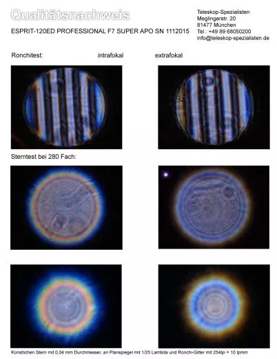 Qualittsnachweis / Testbericht mit Sterntest und Ronchi fr einen Skywatcher Esprit-120ED Triplet Super Apo 120mm f/7 - FPL53