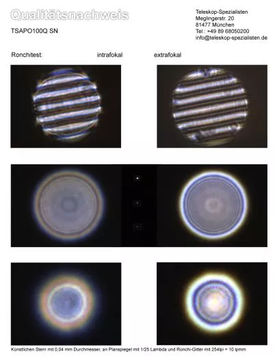 Testbericht fr TSAPO100Q TS Imaging Star 100mm f/5,8 Quadruplet APO Astrograph - FPL-53 APO Objektiv mit Sterntest und Ronchi-Aufnahme