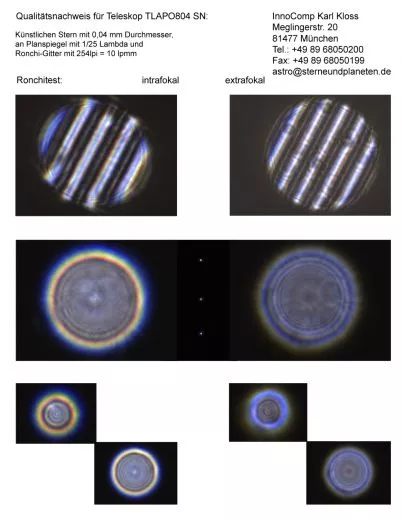 Qualittsnachweis mit Sterntest und Ronchi fr einen TLAPO804 TS Photoline 80/480mm F/6 APO - FPL-53 Triplet.