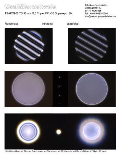 Ein Qualittsnachweis mit Sterntest und Ronchi fr einen TSAPO906 TS Photoline 90mm f6,6 Triplet FPL-53 SuperApo