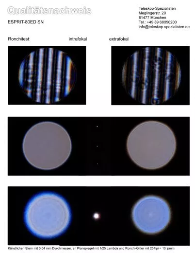 Qualittsnachweis / Testbericht mit Sterntest und Ronchi fr einen Skywatcher Esprit-80 ED 80mm F/5 FPL-53 Triplet Super Apo