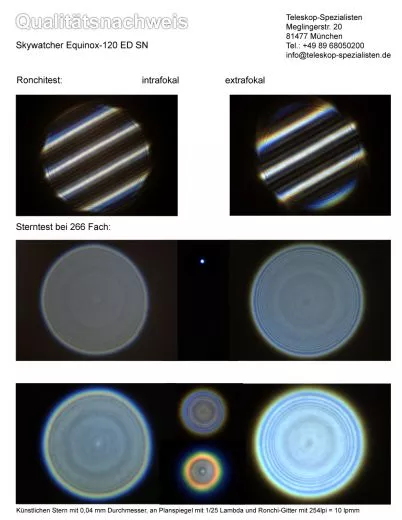 Testbericht mit Sterntest und Ronchi fr einen SkyWatcher Equinox ED-APO 120 120mm/900mm Refraktor Teleskop.