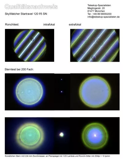 Qualittsnachweis mit Sterntest und Ronchi fr einen Skywatcher Startravel-120 Grofeld Refraktor 120mm/600mm f/5