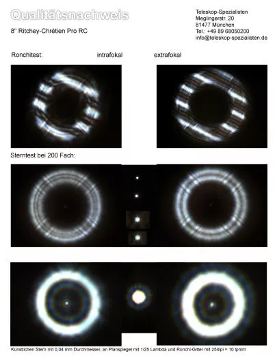 Qualitts- Test-Nachweis: TS-Optics / GSO 8 f/8 Ritchey-Chrtien Teleskop 203/1624mm Pro RC Metalltubus