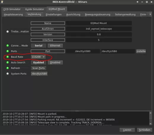 Informationen zu dem USB-Port direkt an der SkyWatcher EQ6-R Montierung ohne Handcontroller mit Kstars / Indi