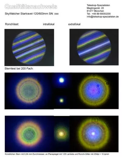 Qualittsnachweis (Sterntest und Ronchi-Aufnahme) eines SkyWatcher Startravel-120 f/5 Refraktor nach aufwendiger Justage.