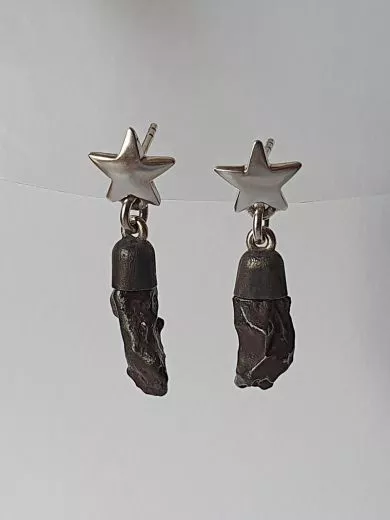 Stud earrings with Sikhote Alin meteorite, star, and mechanics. 925 silver