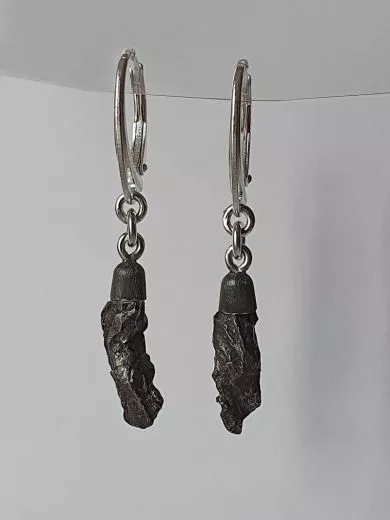 Earrings with Sikhote-Alin meteorite, hinged hooks. 925 silver