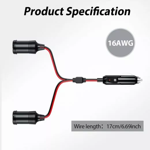 Zigarettenanznder Verteiler mit Steckdose, 2-Fach Y-Kabel 100W 12V/24V Doppelsteckdose Splitter Zigarettenanznder Stecker [17cm oder 30cm | 15A | 16AWG]