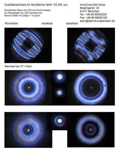 Qualittsnachweis fr SkyWatcher Maksutov 102/1300mm.