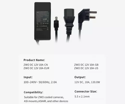 ZWO Netzteil 12V 10A fr gekhlte Kameras - Europischer Standard