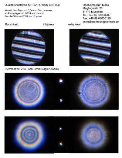 Sterntest und Ronchi fr einen TSApo102S TS PHOTOLINE 102/700mm FPL53 Triplet APO - 3 Crayford.
