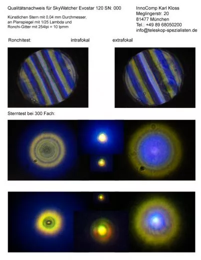 Qualittsnachweis mit Sterntest und Ronchi fr einen Skywatcher Evostar 120 - 120/1000mm Refraktor.