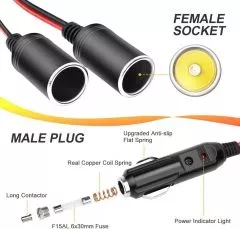 Zigarettenanznder Verteiler mit Steckdose, 2-Fach Y-Kabel 100W 12V/24V Doppelsteckdose Splitter Zigarettenanznder Stecker [17cm oder 30cm | 15A | 16AWG]