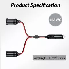 Zigarettenanznder Verteiler mit Steckdose, 2-Fach Y-Kabel 100W 12V/24V Doppelsteckdose Splitter Zigarettenanznder Stecker [17cm oder 30cm | 15A | 16AWG]